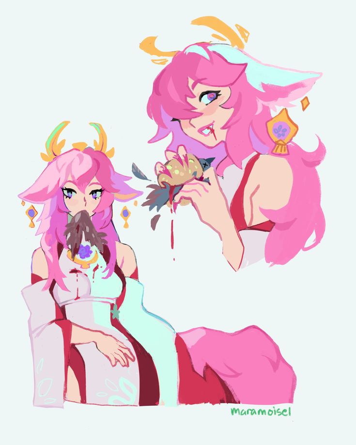 the image is a digital painting featuring fanart of nilah, a character from the video game league of legends. the art style is animeinspired, with vibrant colors and a painterly texture.  the artwork depicts nilah in two different poses:  in one, she's holding and seemingly eating a bloody, partially consumed creature; in the other, a similar bloody creature is resting in her mouth. both versions of nilah are dressed in a pink and white outfit adorned with antlers. the overall mood is a blend of cute and slightly disturbing due to the gory element. the artist's signature "maramoiselle" is visible in the bottom right corner.
