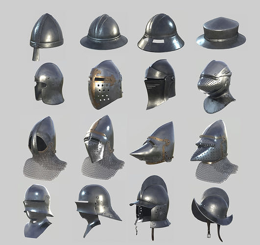 a collection of 16 medieval helmets, showcasing various styles and designs. the helmets are made of metal and are highly detailed. they are shown in a grid format, with a plain gray background, allowing for clear visibility of each piece.