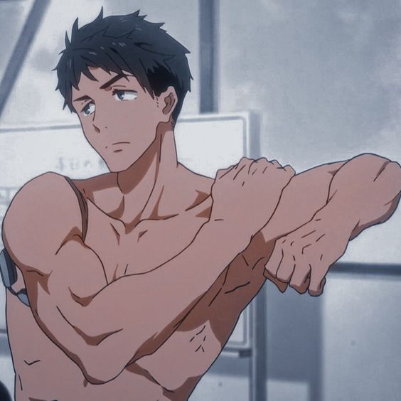 a muscular anime character with short black hair is stretching his arm.  his bicep and tricep muscles are very defined. he is shirtless and looks athletic. the background is blurry. he appears to be from the anime series "free!"
