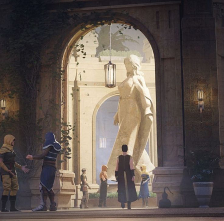the image is a highly detailed screenshot or render from a video game, likely star wars jedi: survivor, showing a grand, ancient courtyard.  a large, flowing female statue dominates the background, situated within a deep archway that leads to another section of the building. the architecture is reminiscent of ancient roman or mediterranean styles, with sandycolored stone and tall pillars. several characters in robes and cloaks are positioned in the foreground, seemingly interacting or observing the statue. the overall atmosphere is serene and mysterious, with soft lighting suggesting either early morning or late afternoon. the level of detail in the architecture, characters, and the statue indicates a highquality game with realistic graphics. the setting appears to be either a temple or a significant public space within a larger, possibly religious, complex.