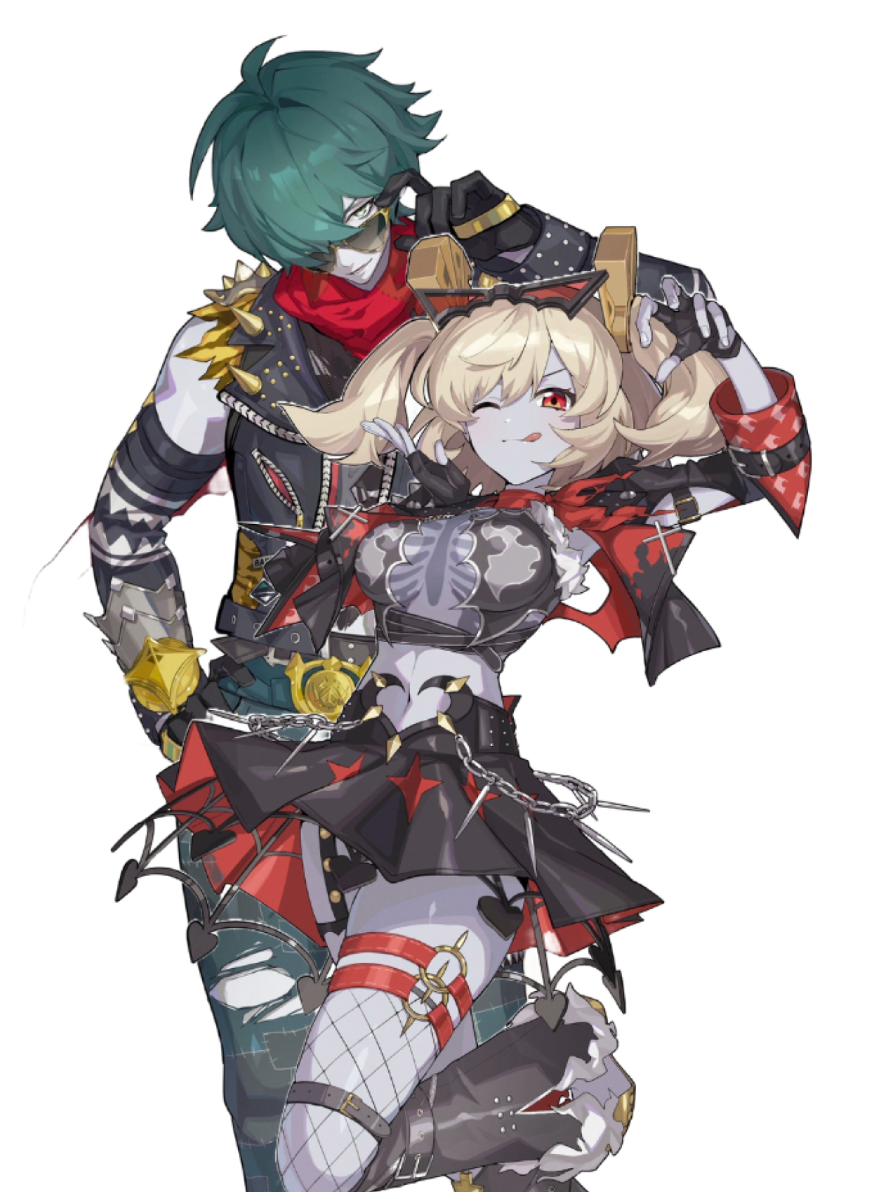 the image is a vibrant digital illustration in an anime/manga style. it depicts a close embrace between a young man and woman, both styled in punk/rock attire.  the man has teal hair and is wearing a studded jacket; the woman has blonde twintails and a revealing outfit featuring a ribcagelike design.  their clothing incorporates elements of black, red, and green with plenty of accessories like chains and star details. they're positioned dynamically, suggestive of movement and energy. the background is plain white, focusing attention on the characters and their outfits. the overall style is energetic and emotive.
