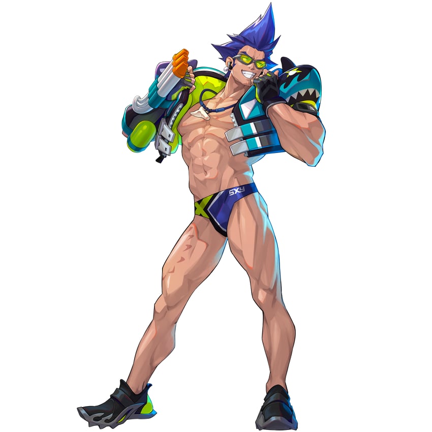an illustration of a man in a cartoon style. he has blue hair and is wearing a blue and yellow swimsuit, sunglasses and is holding a water gun. he is smiling and looking happy. he appears to be standing in a pool, beach or near a body of water.