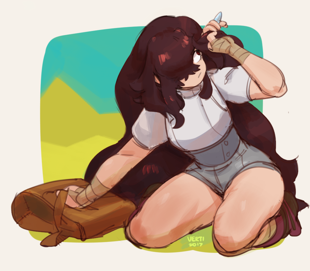 an anime illustration of a girl with long dark hair wearing a white shirt and short pants, sitting on a green and yellow background. she is holding a brown bag and looking up. the artist's signature "verti 2017" can be seen near her knee.