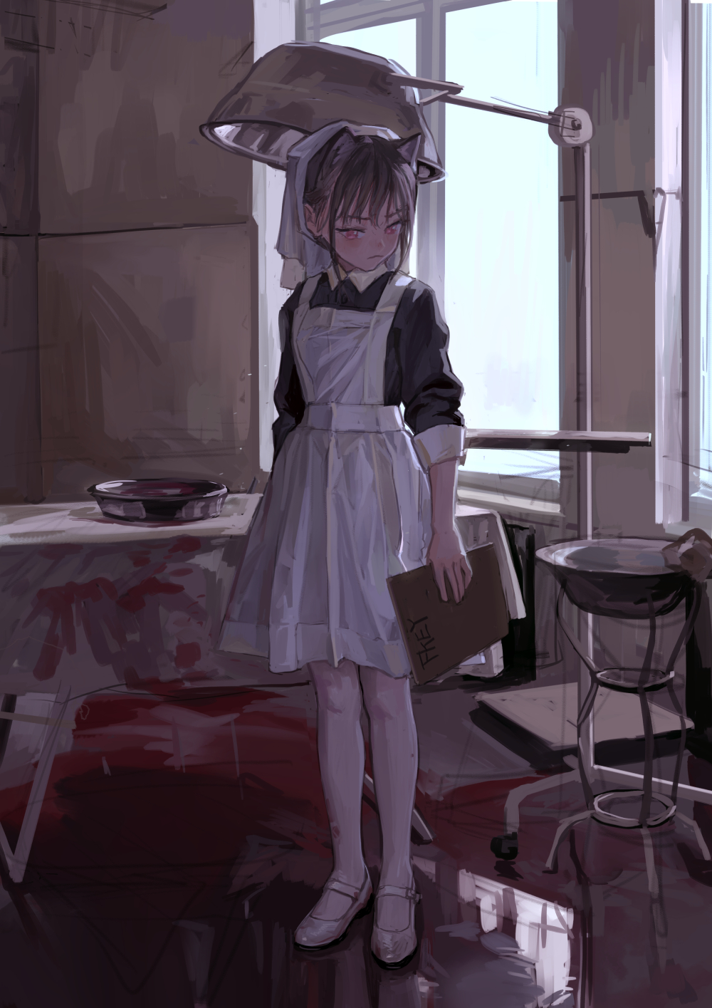 a young anime girl in a maid outfit stands in a room that appears to be a medical setting, possibly a hospital or operating room. there is blood on the floor and on the table to the left. she is holding a book in her hand and has a medical lamp above her head. the scene is slightly unsettling due to the combination of the maid outfit, the medical setting, and the presence of blood.