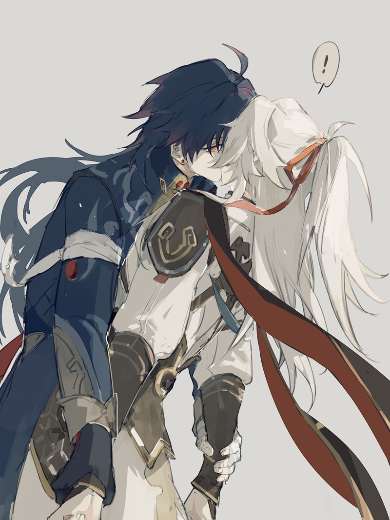this is a digital illustration of a romantic scene from the popular game "genshin impact". it features the characters xiao and albedo, who are both male. xiao has long black hair, red eyes, and is wearing a dark blue and gold outfit with a red scarf. albedo has long white hair, blue eyes, and is wearing a white and gold outfit with a red scarf. they are embracing each other and are about to kiss. the background is simple and grey, allowing the characters to be the focus of the image. overall, the image portrays a sense of love and affection between the two characters, and it is very welldrawn with realistic details.