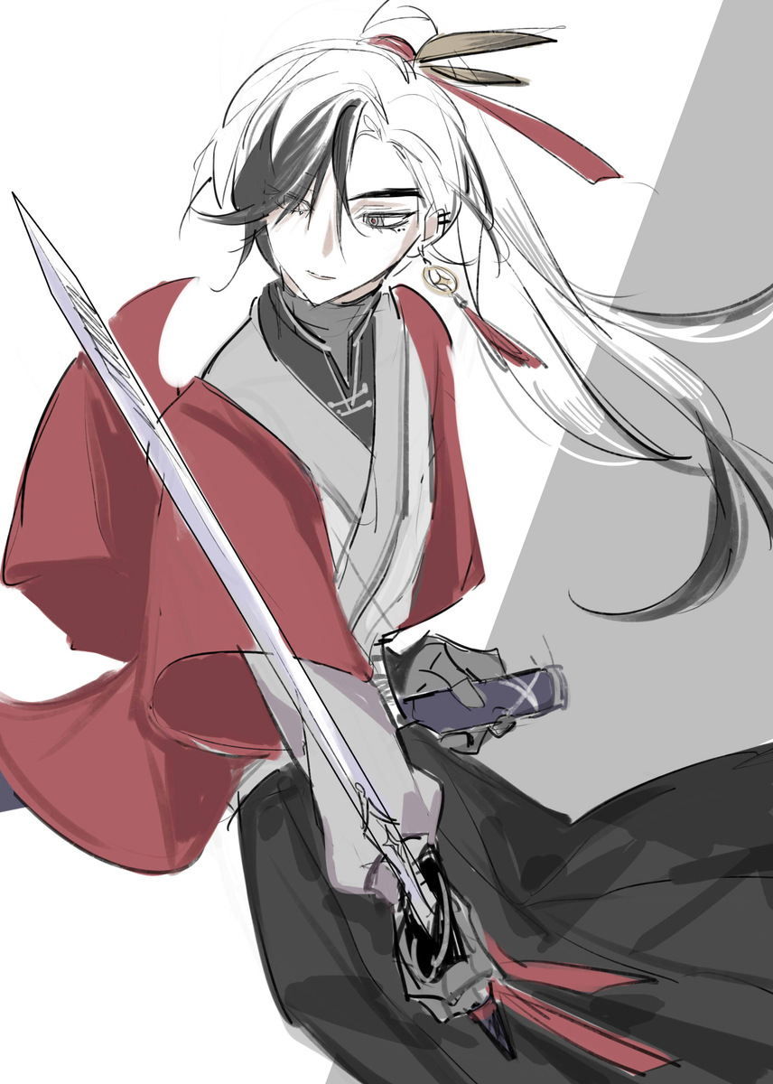 a sketch of an anime character wielding a sword with a red and black outfit, with white hair and a serious expression.
