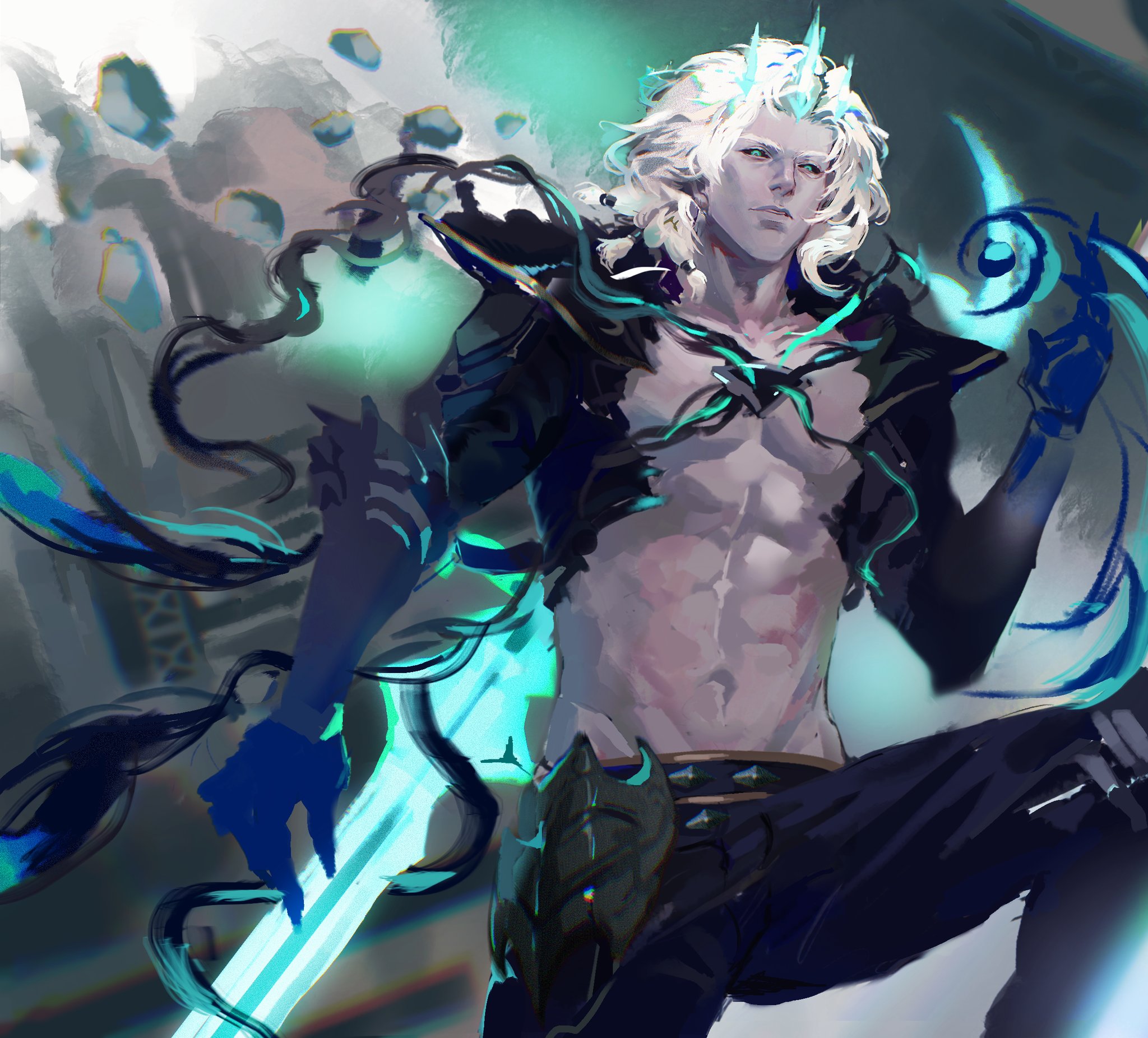 a digital illustration of a powerful anime character, with long white hair, a crown, ripped clothing, and blue and green hues. he is holding a glowing blue sword, with a powerful and confident expression.
