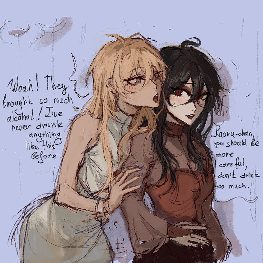 he image is a digital drawing or painting depicting two animestyle girls. one has long blonde hair and is wearing a lightcolored sleeveless top. the other has long black hair and is wearing a reddishbrown top. they are standing close together, with the blonde girl's arm around the blackhaired girl's waist. the blonde girl appears intoxicated, while the blackhaired girl looks concerned.  text bubbles indicate a conversation, with the blonde girl expressing surprise at the amount of alcohol consumed and the blackhaired girl advising her to be careful and not drink too much. the art style is loose and expressive, with visible brush strokes and a slightly textured appearance. the background is a simple, pale purple.