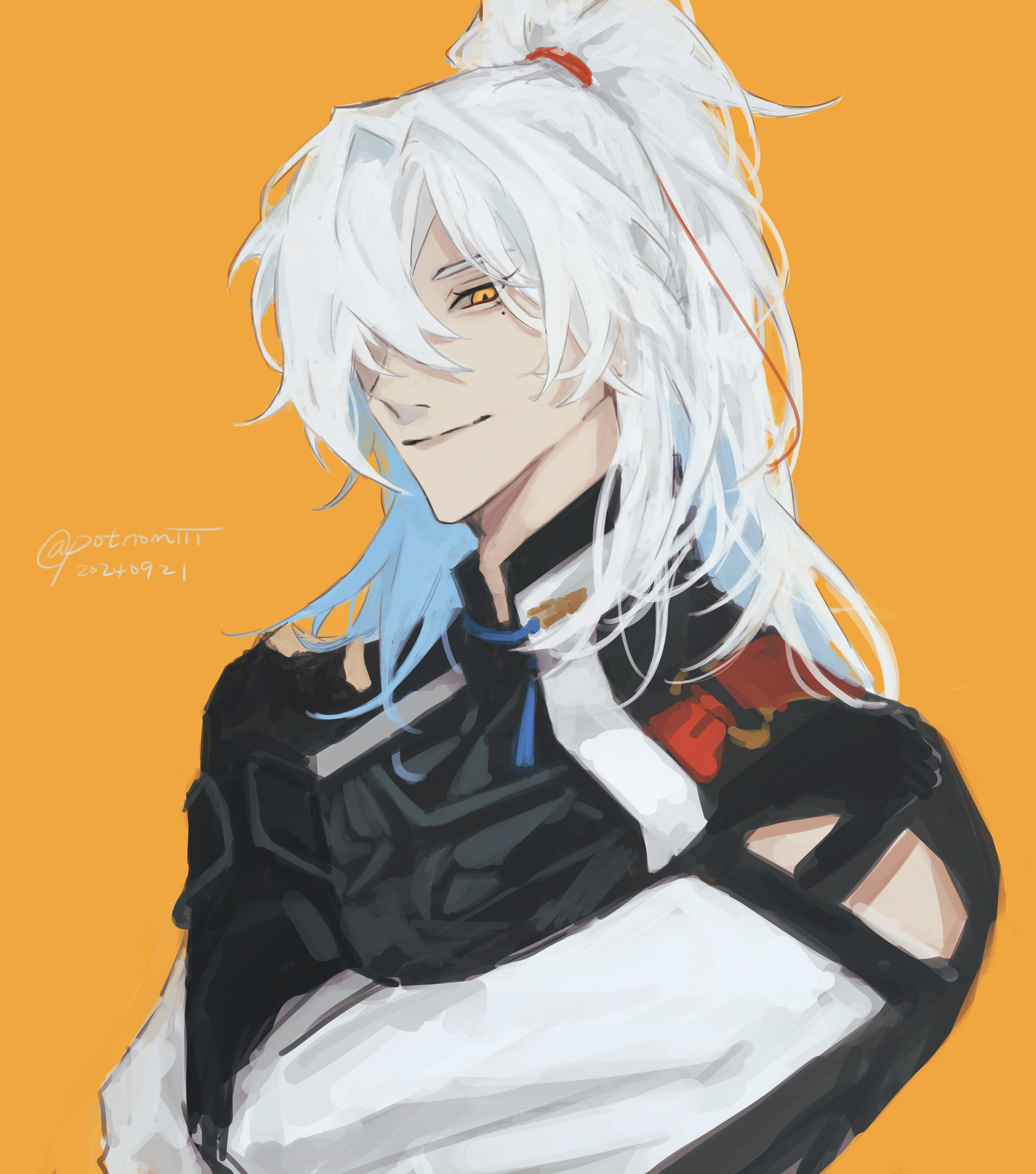 this is a portrait of an anime character. he has long white hair, blue eyes, and a smirk on his face. he is wearing a black and white outfit and is standing against a yellow background. the character appears to be a young man, but their age is not specified. there is a red ribbon tied in his hair. the image is drawn in a digital art style, and there is a handwritten signature in the top left corner.