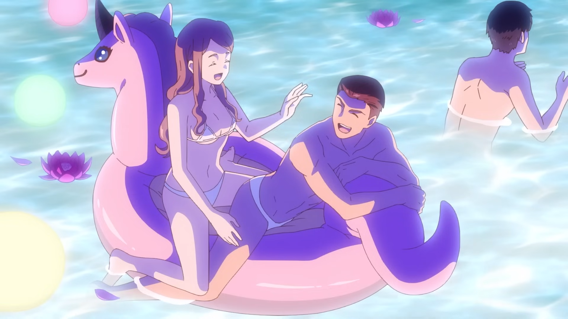 the image shows a man and a woman in a swimming pool. the woman, wearing a blue and white bikini, is sitting on a large inflatable unicorn float. the man, wearing blue swimming trunks, is lying on the float in front of her. they are both smiling and appear to be enjoying themselves. the pool is decorated with colorful floating balls and lotus flowers. in the background, another man is swimming. the overall atmosphere is bright, cheerful, and summery.