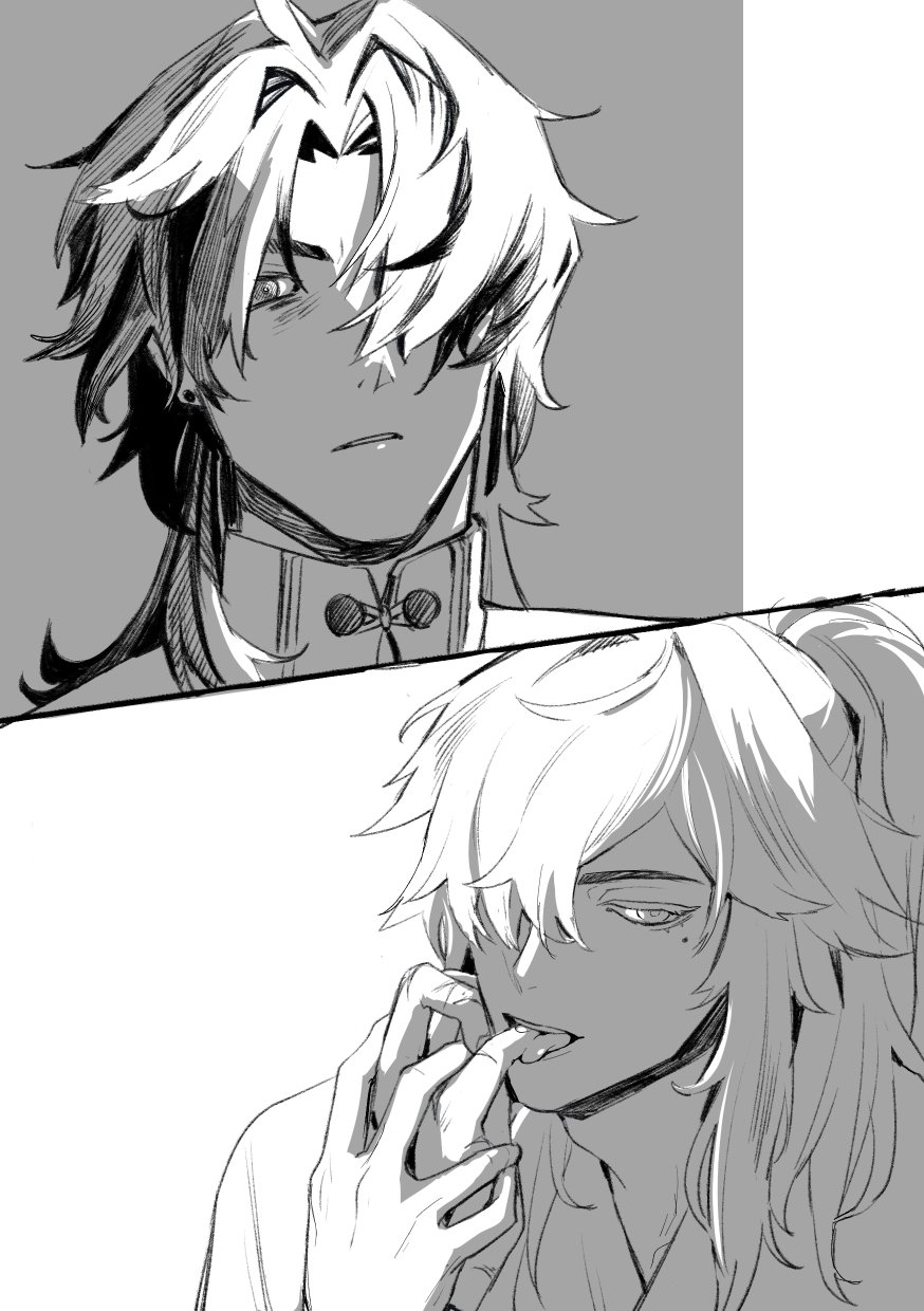the image is a black and white illustration of two anime boys. the boy on the top of the image has white hair and is looking to the left of the frame. he has a serious expression and a piercing gaze. he appears to be looking at the boy in the bottom of the image,