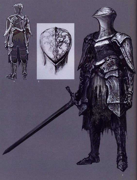 this is a character concept art of a knight in full armor, wielding a sword, from the dark souls video game series. the illustration is in grayscale, showcasing the intricate details of the knight's armor. a smaller view of the knight from the back and a detail of the helmet are also included in the image.