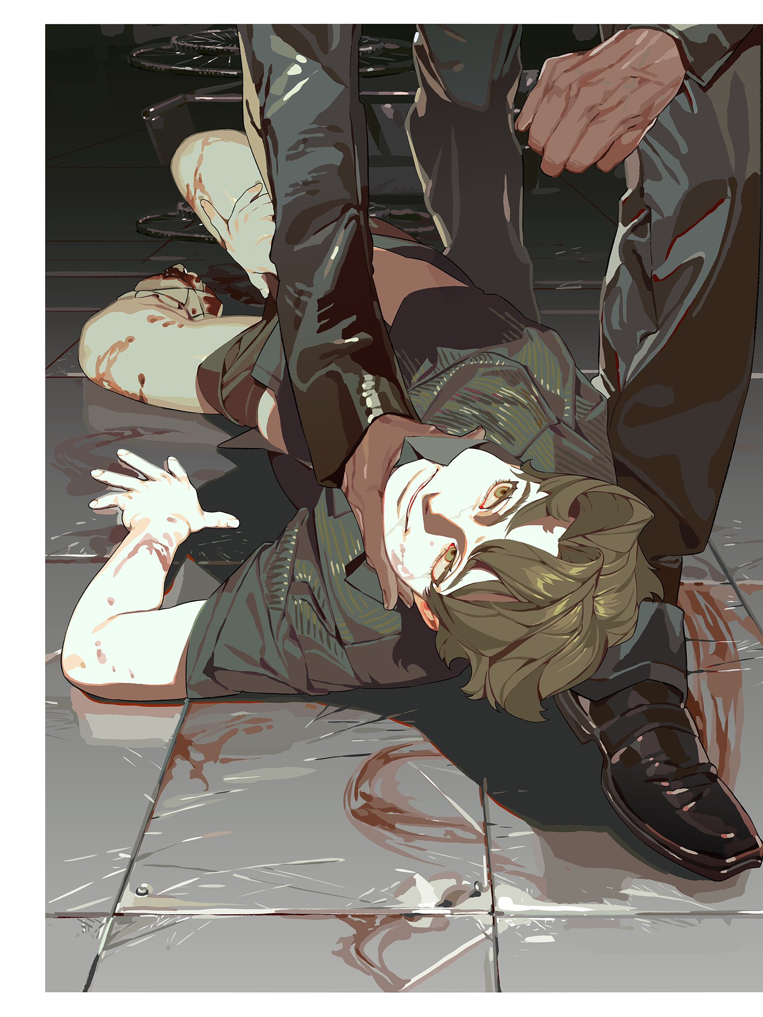 a digital illustration in an anime style depicts a violent scene. a man lies on a tiled floor, seemingly injured and possibly dead, with a pool of blood near his body. another man, partially visible, stands over him, choking him. the standing man is wearing black pants and shiny black shoes. the prone man has brown hair and is wearing a green shirt. there are indications of a struggle, with blood on the floor and the injured man's hand outstretched. the scene evokes a sense of aggression, conflict, and potential desperation.