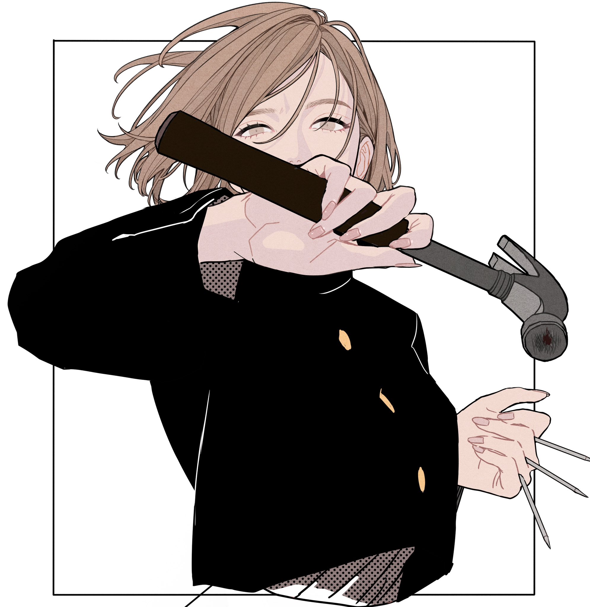 the image shows nobara kugisaki from jujutsu kaisen holding a hammer with a nail inserted. she is wearing her black uniform and has a determined look on her face. the image is in a manga style, with clean lines and flat colors. the background is a simple white square frame.