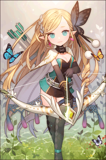 an anime girl dressed as a fantasy archer, she has long blonde hair, blue eyes, and a bow with an arrow in her hand. she is standing in a green forest, flowers are growing around her feet. she is wearing a lightcolored dress with a green and brown design. the girl looks like she's about to shoot an arrow. she has a cute and magical look. there are butterflies flying around her.