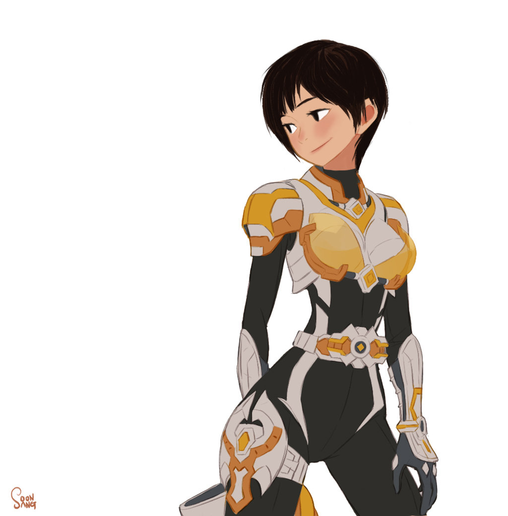 the image showcases a young woman with short brown hair, clad in sleek, futuristic armor predominantly white and black with gold accents. she is positioned against a plain white background, her body in a dynamic, readyforaction pose. the soft lighting emphasizes the smooth contours of her armor and her subtly confident expression.