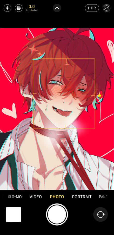an illustration of a cute anime boy with red hair who's smiling and blushing. he has on a white shirt with a collar and a red tie. there are pink hearts in the background.