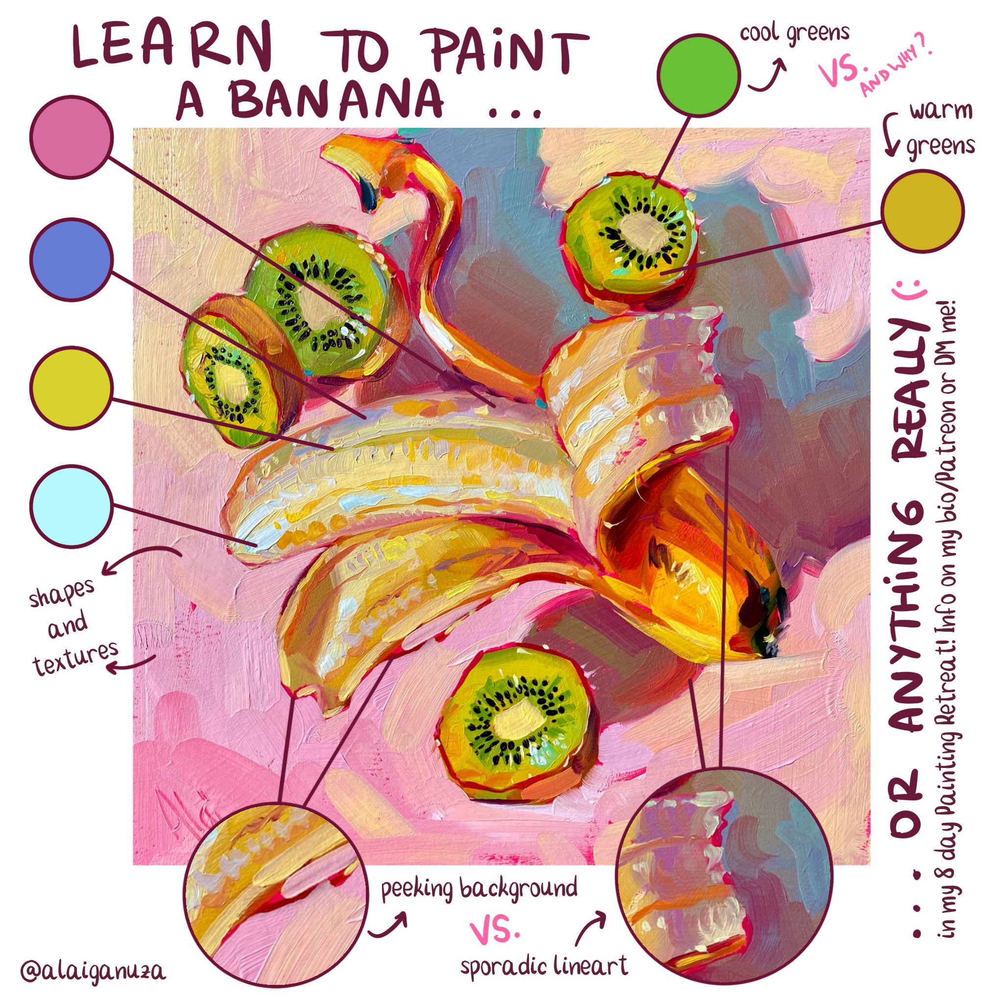this image is a promotional illustration for an 8day painting retreat. it features a colorful painting of a peeled banana and sliced kiwis on a pink background. the text overlay points out different aspects of the painting process and encourages viewers to learn how to paint anything.