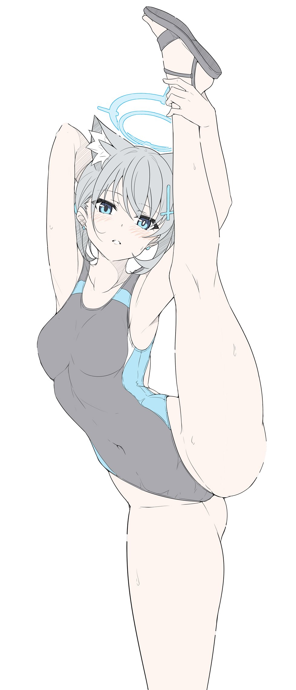 he image shows an animestyle illustration of a young woman with long gray hair, wearing a gray onepiece swimsuit. she's doing a leg split, with one leg straight up in the air and the other leg on the ground. she has a halo above her head. she is wearing sandals on one foot. the art style is simple and minimalist, with soft colors and shading.