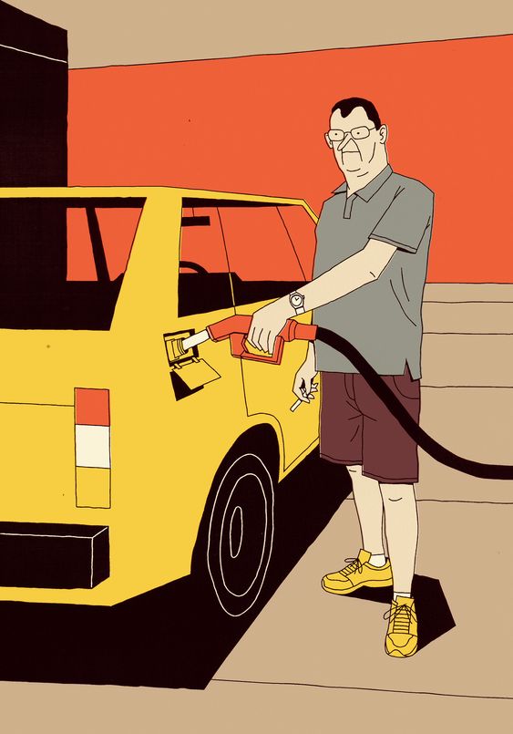 a man in shorts, a grey tshirt, and glasses pumps gas into a yellow car. he's standing on a concrete surface. the man is smoking a cigarette. the car is parked at a gas station. the illustration is in a cartoon, vintage style.