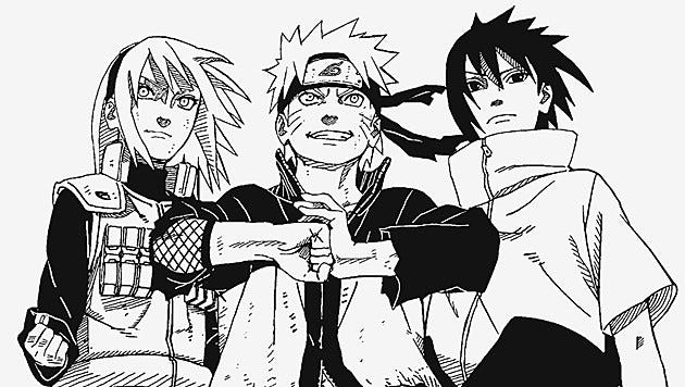 a black and white mangastyle drawing of naruto, sasuke, and sakura. they are standing close together, with their fists clenched and determined expressions on their faces. the image highlights their bond and their strength as a team.