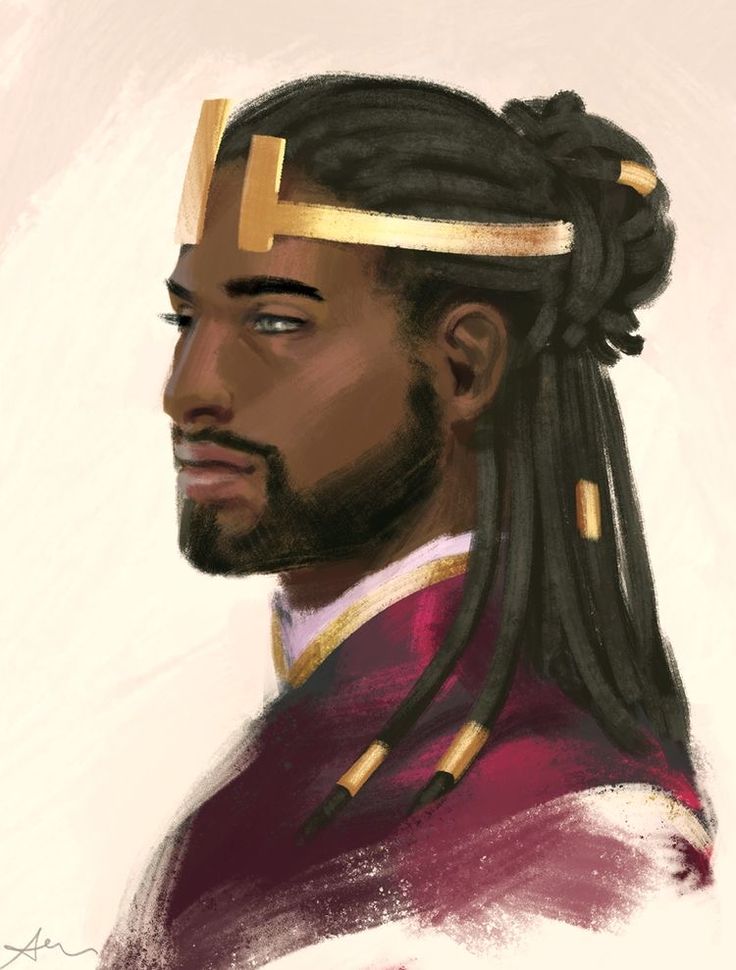 the image is a digital painting of a regallooking black man in profile view. he has dark skin, a full beard, and long dreadlocks styled into a bun with gold accents. he wears a gold crownlike headpiece and a deep burgundy or maroon robe with gold detailing around the neckline. the style is painterly and slightly stylized, giving it a fantasy or artistic feel. the man's expression is serious and his gaze is directed to the side, contributing to a sense of majesty and contemplation.  the background is a simple, muted offwhite, drawing all attention to the subject.