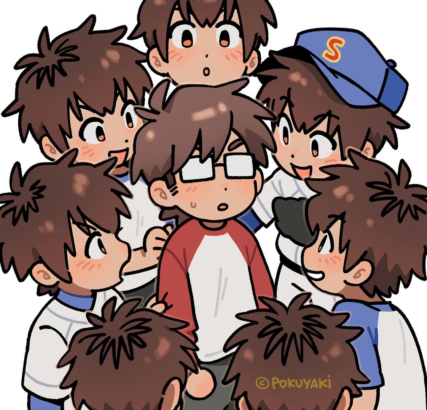 the image is a vibrant and playful digital illustration in an anime/manga style. it depicts a central figure, a boy wearing glasses and a red and white shirt, surrounded by a group of other boys.  the surrounding boys are wearing baseball uniforms and have various expressions of happiness and playfulness. the art style is chibi, characterized by exaggerated features and large heads, making the characters appear cute and endearing. the overall mood is lighthearted and friendly, suggestive of a closeknit group of friends. the artist's signature or watermark, "©pokuyaki," is visible in the bottom center.