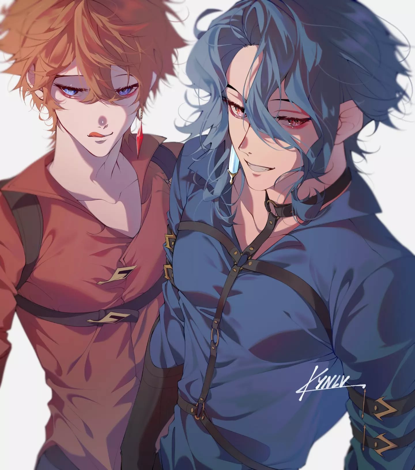 the image showcases a captivating piece of anime fanart featuring two male characters positioned closely together. the character on the left possesses vibrant orange hair, while the character on the right has striking blue hair. both characters are depicted with sharp, expressive eyes and intricate details in their attire. their outfits consist of stylish clothing accented with shoulder straps and harnesses, adding a layer of visual interest to the scene. the artwork is rendered in a vibrant and colorful style, and the artist's signature is subtly included in the bottom right corner. the overall impression is one of elegance and detail, with a focus on the characters' striking features and fashionable attire.