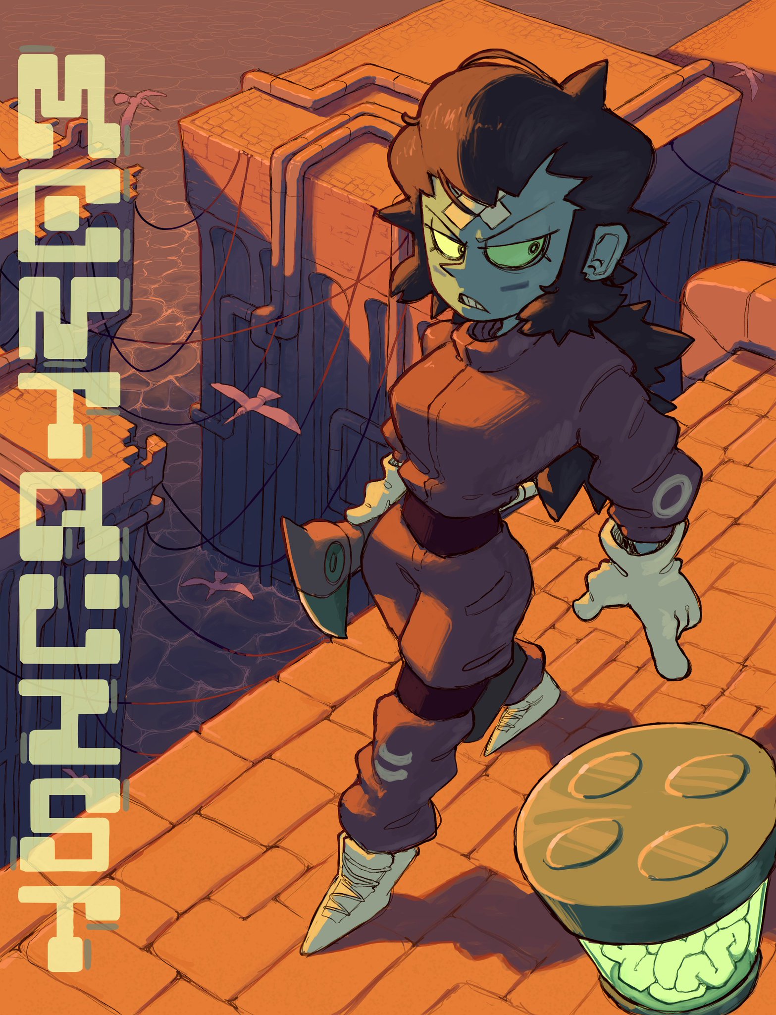 a female cyborg with green skin, sharp teeth, and glowing green eyes stands atop a crumbling building, her back to the viewer. the sun is setting behind her, casting a warm glow on the scene.  she wears a purple jumpsuit with white accents and white shoes. her right hand is clenched in a fist, and her left hand is open at her side.  she appears menacing against the backdrop of the setting sun and crumbling architecture.