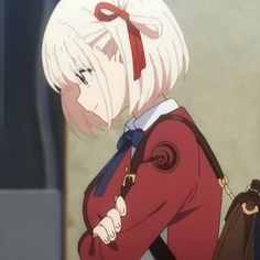 a side portrait of an anime girl with short white hair and a red ribbon. she is wearing a red and white school uniform with a blue necktie and a brown backpack. she is looking down with her arms crossed. the background is a light brown color, suggesting she is indoors, possibly in a school hallway.