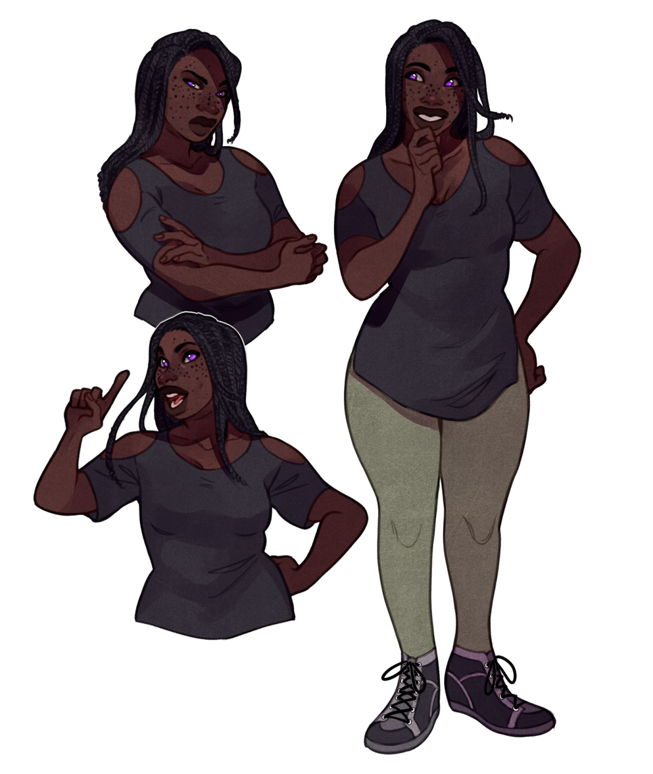 a digital illustration of a dark skinned woman with long black braids, purple eyes, and freckles is posing in three different stances. she is wearing a  sleeveless dark purple shirt and light green leggings.  she is wearing sneakers that are purple, gray and white. in the first pose, she is seen from the torso up with her arms crossed and a skeptical look on her face. in the second pose she is standing with one hand on her hip and the other by her face. she has a curious look on her face. the final image is from the torso up and the woman is pointing upward while speaking with excitement.  the background of the image is white.