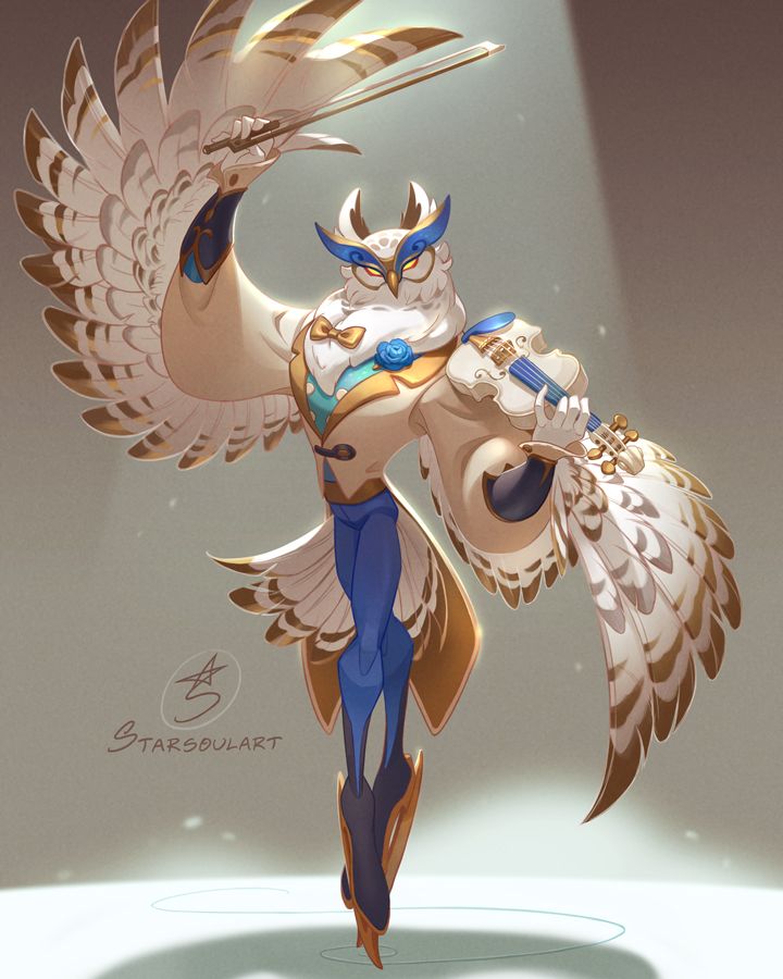 this digital illustration depicts a stylized owl character playing a violin on a stage. the owl is dressed in a formal outfit with a bowtie, white shirt and gold accents, and has large, feathery wings that are spread out behind it. the owl is standing on one foot and has its violin raised in the air. the background is a soft, golden color and there is a spotlight on the owl. the image has a whimsical and charming feel.