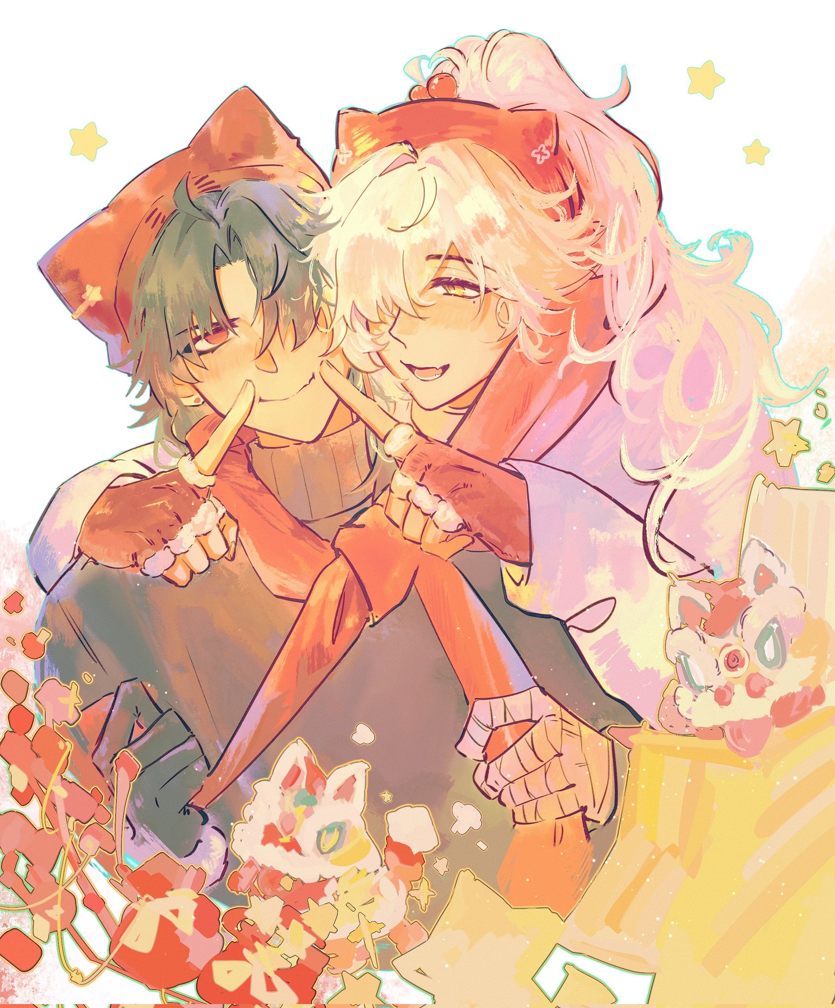 this is a digital illustration of a couple dressed in festive attire for chinese new year. they are both smiling and appear to be happy and playful. the background features stars and flowers in a soft, pastel palette. the art style is cute and romantic, with a focus on bright colors and playful details.  the two are holding hands and appear to be very close and affectionate.  the image is suggestive of a loving and happy relationship.
