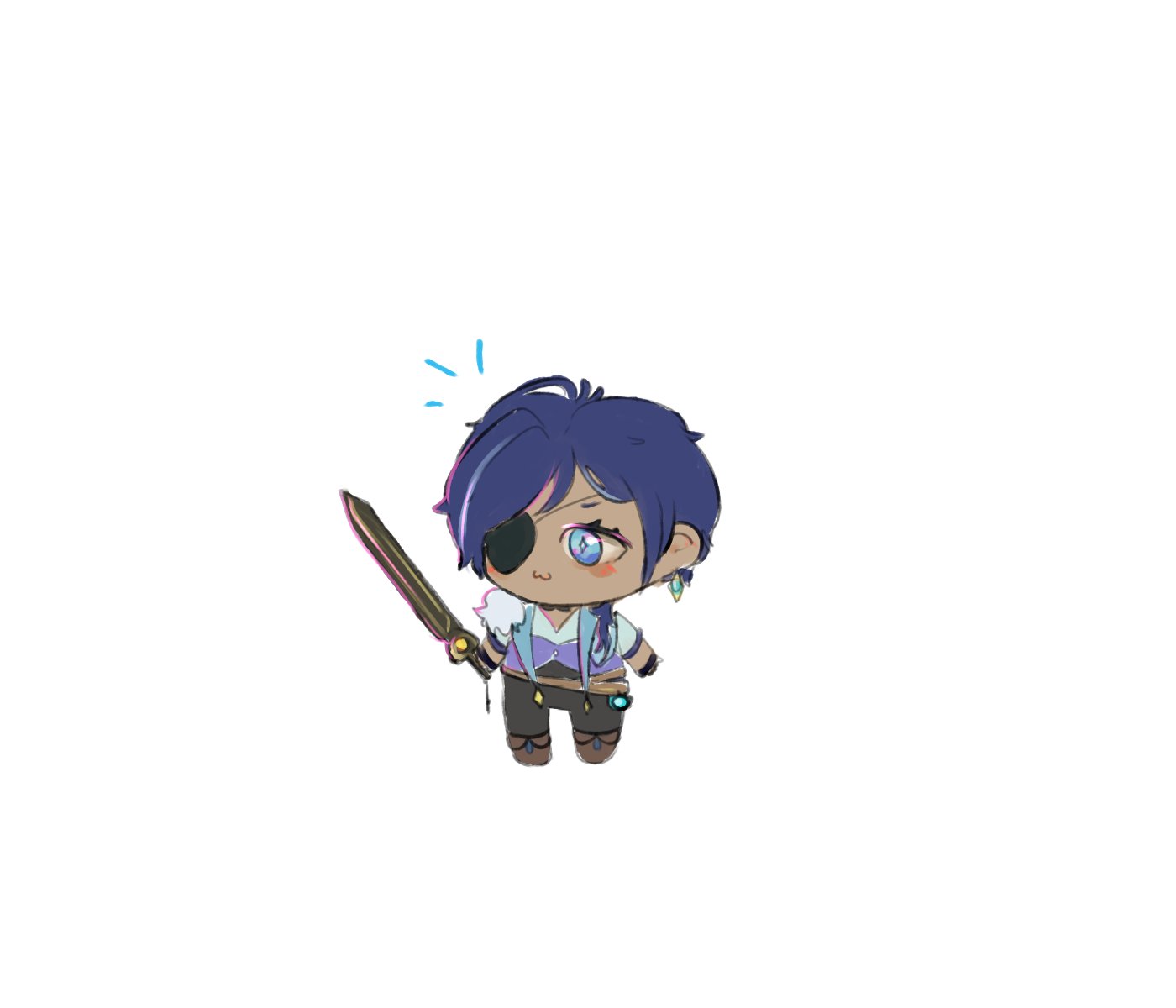 a cartoon chibi character of an anime male with blue hair, blue eyes, and a brown skin, wearing a white shirt, blue pants, and an eye patch, holding a sword. the background is white.