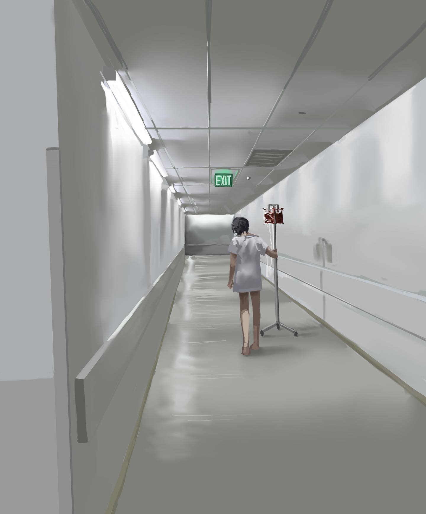 the image shows a long, sterilelooking hospital hallway painted in various shades of white and gray.  a single female nurse with short black hair is walking away from the viewer towards a green exit sign at the far end of the hallway.  the perspective makes the hallway seem very long and emphasizes the feeling of emptiness. the only light source appears to be fluorescent ceiling lights, casting a cool, artificial light. the nurse is pushing an iv drip stand.
