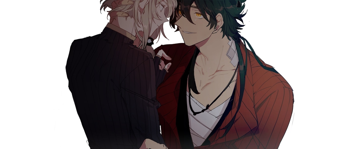two anime boys are embracing each other. the boy on the left is wearing a black pinstripe suit and has white hair. the boy on the right is wearing a red jacket and has black hair. they are both smiling and looking at each other. the background is white.