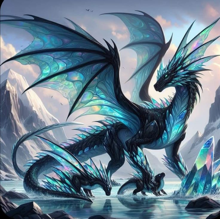 a digital artwork of a mother dragon standing in a body of water with two baby dragons. the dragons are predominantly black with iridescent blue scales and wings. they are near large ice crystals and in front of snowcapped mountains.