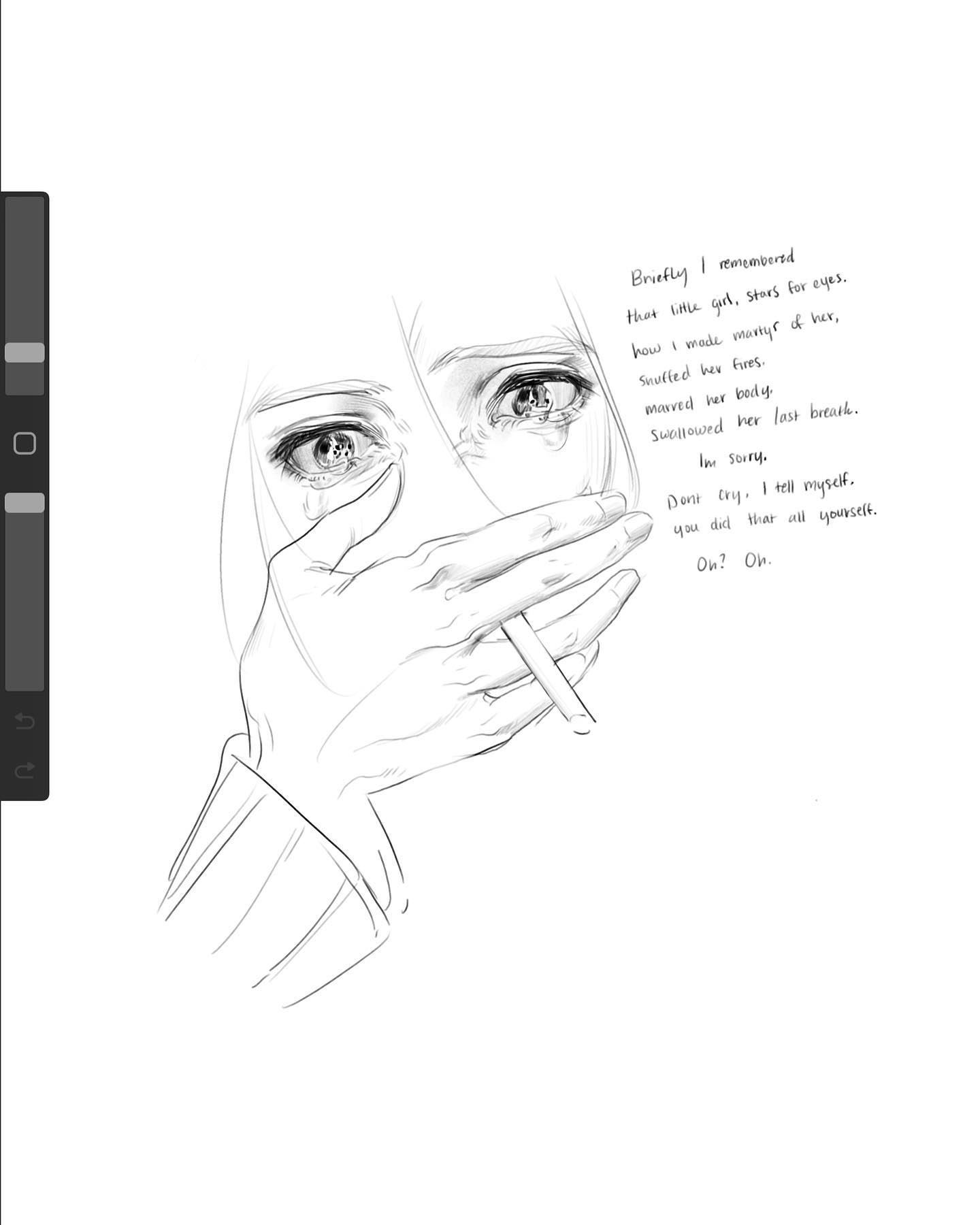 the image depicts a woman with her face partially covered by her hand, while she cries. there are several lines of text around her, suggesting that she is reflecting on a past event and struggling with guilt. the image creates a somber and introspective atmosphere.