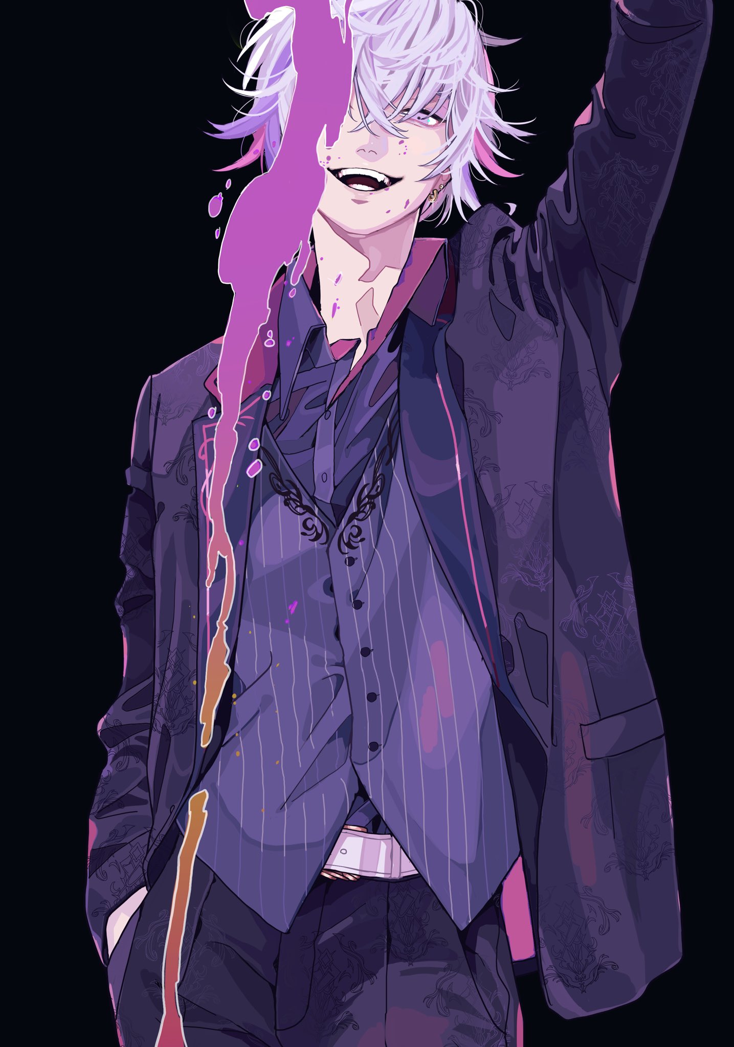 an animestyle drawing of a male character with white hair and pink streaks, wearing a purple suit, vest, and tie. he is smiling, revealing fangs. purple goo is dripping down his face. he has an earring and his hand is raised. the background is black.