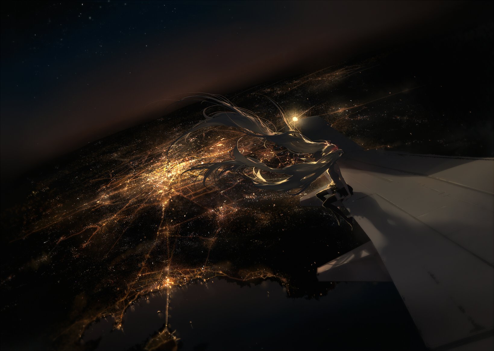 the image depicts an anime girl with long, flowing white hair sitting on the wing of an airplane at night. below, the lights of a city spread out like a network of glowing veins. above, the dark sky is dotted with stars. the overall perspective is from above, looking down at the scene.