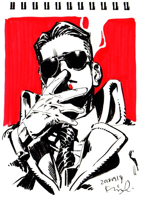 a black and white drawing of a man smoking a cigarette. he is wearing sunglasses, a suit jacket, and a tie. the drawing is set against a red background. the man's hand is up near his mouth, holding a cigarette. he's staring off into the distance. the drawing is done in pen and ink.