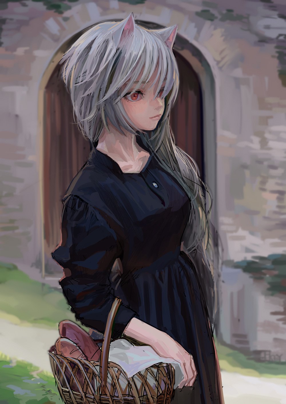 an anime girl with cat ears and silver hair stands in front of a brick building with an arched doorway. she has red eyes and wears a black dress. she is holding a basket containing bread and a white cloth. she is looking away from the viewer in a side view.