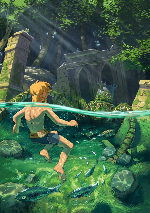 the image shows a person with blonde hair swimming underwater in a forest. the water level is around waist height for the person. they are surrounded by fish. behind them are ancient, mosscovered ruins. sun rays shine through the trees above. there is a turtlelike figure among the ruins.