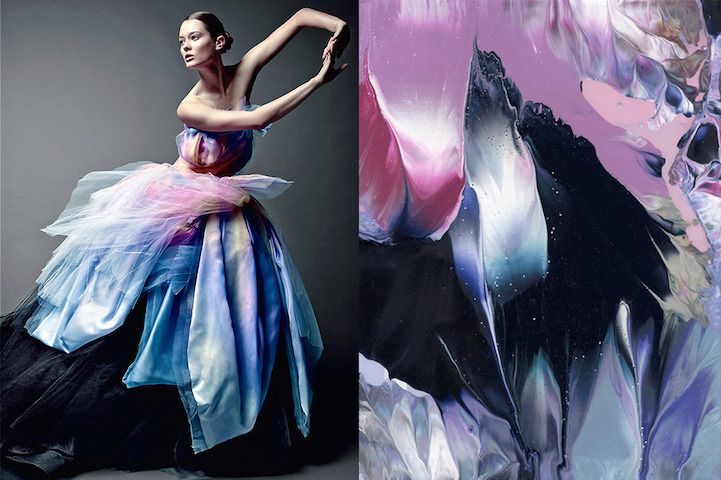 a woman in a flowing blue, purple and pink dress stands against a grey backdrop. the dress is made of sheer fabric and has an abstract, almost paintlike texture. the woman is posing with her arm raised, and her dress is flowing around her in a graceful, almost dancelike manner. the image is split in half vertically, with the right side featuring a closeup of a similar abstract texture,  like the fabric of the dress but in a solid color. the image is elegant and stylish, showcasing the beauty of fashion and design.