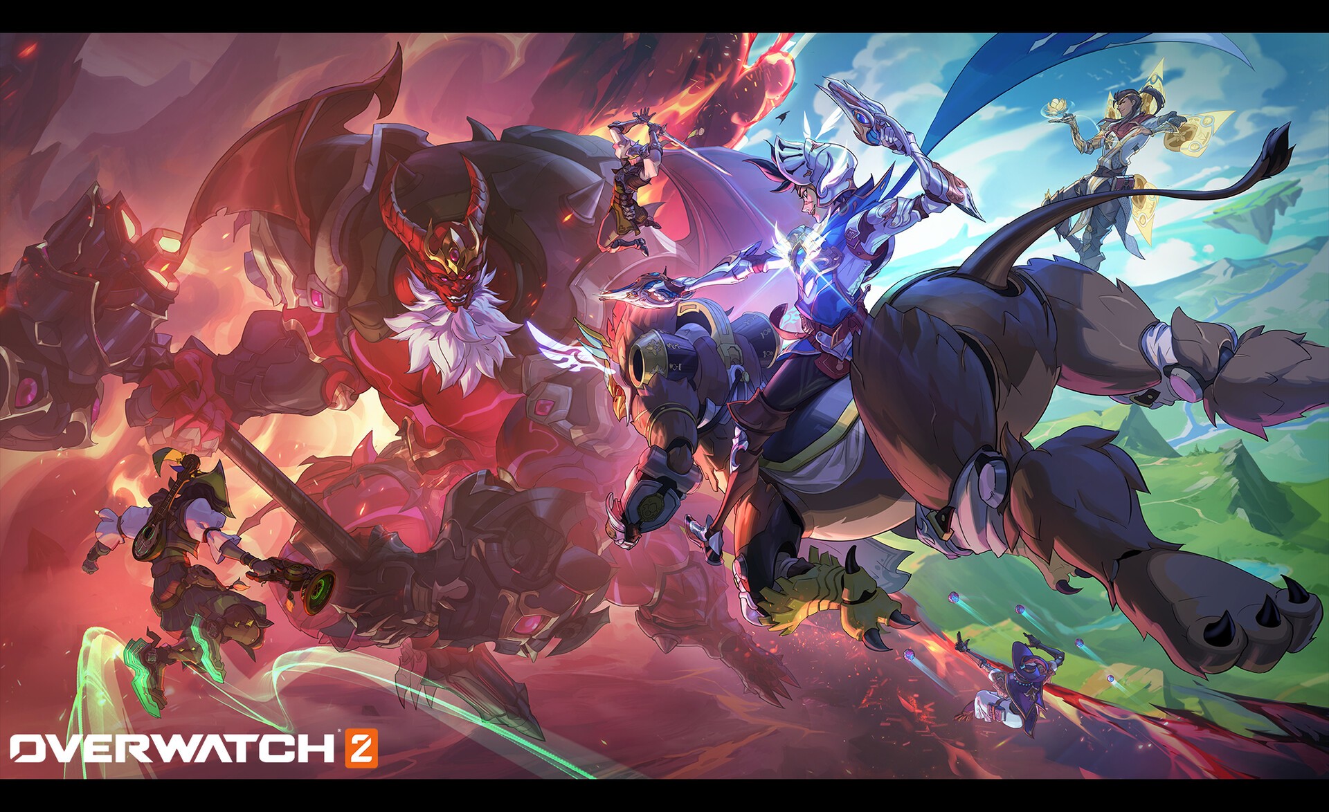 an illustration for overwatch 2.  the artwork features multiple characters in a battle.  it is a blend of fantasy and cyberpunk.  the main characters are a demon, a creature, and a robot.  the scene is set in a fantasy world.