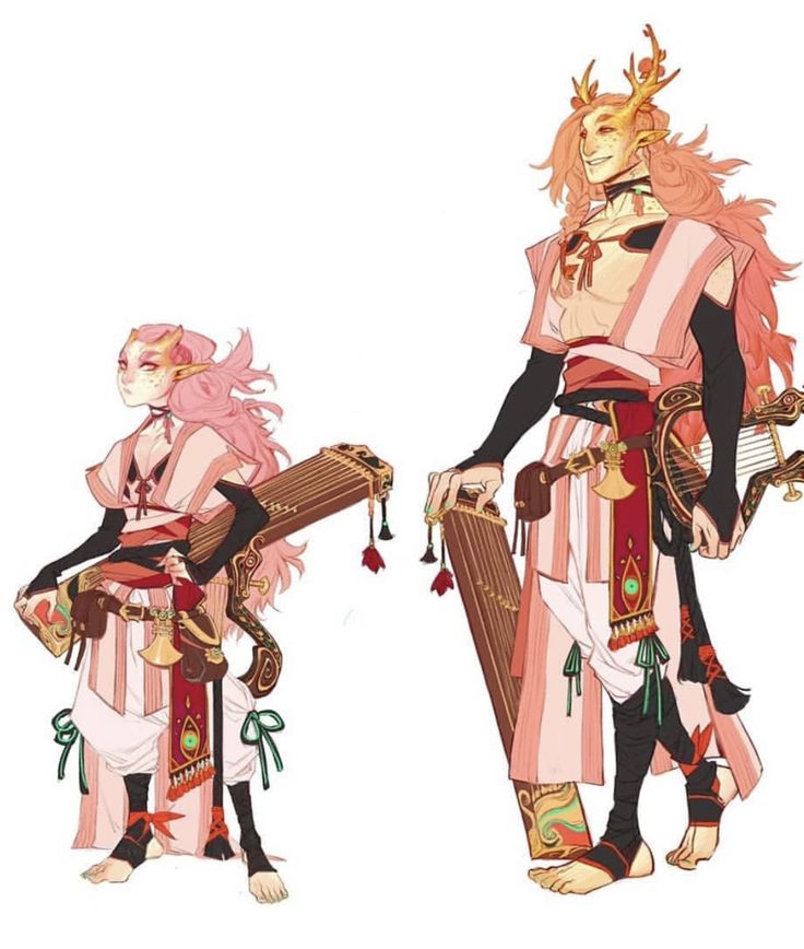 this is a digital illustration of two anime characters. the female character is on the left. she is wearing a pink and white outfit with a green sash. she has long pink hair and is holding a large musical instrument behind her back. the male character is on the right. he is wearing a pink and white outfit with a red sash. he has long pink hair and is holding a musical instrument in his hands. he is also wearing antlers. both of them are smiling and are looking toward the right. the overall tone of the image is whimsical and light. it looks like they are musical performers in a fantasy setting.