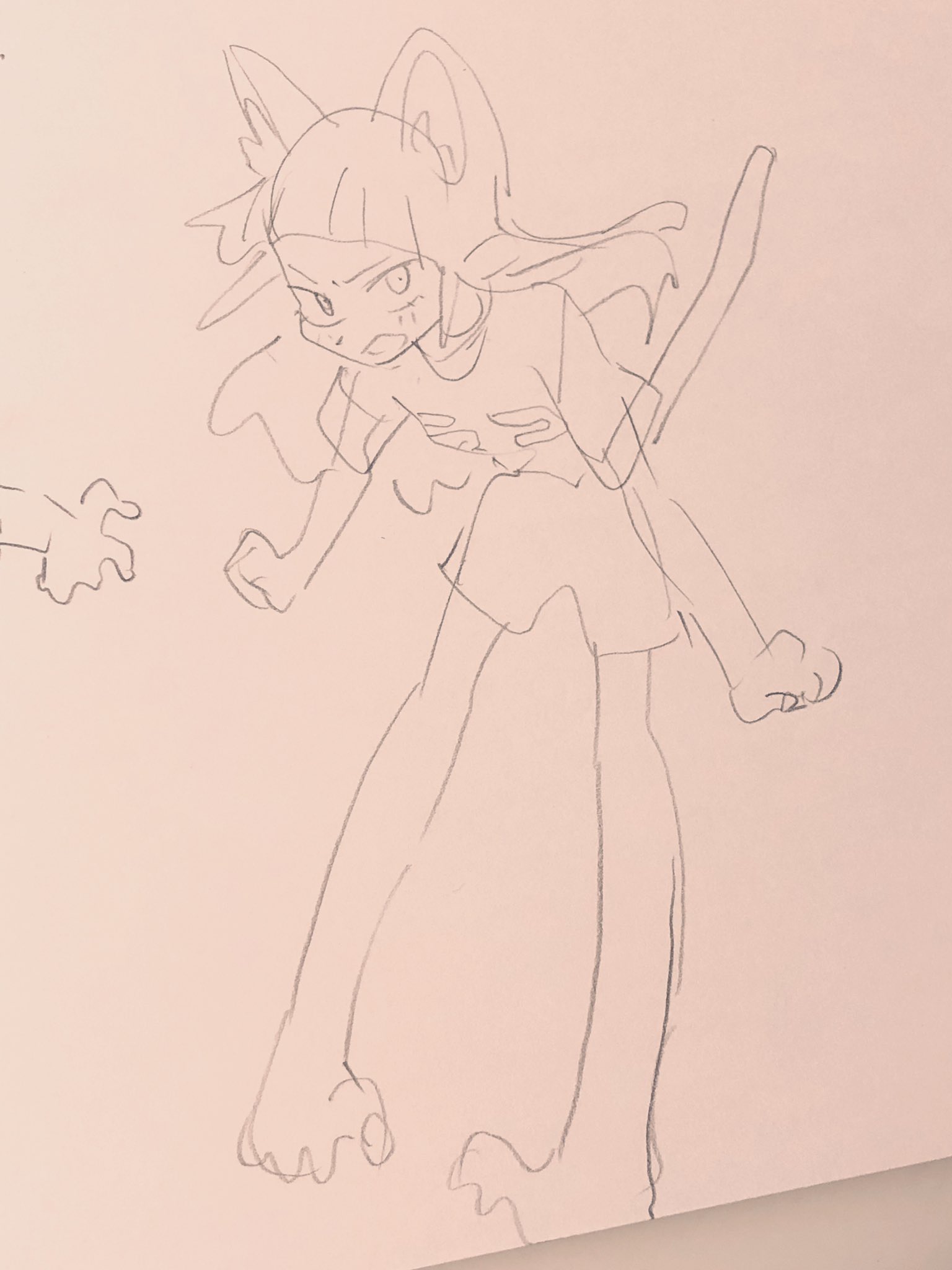 a pencil sketch of a young, cateared girl in an aggressive stance. she appears to be angry and ready to fight. the drawing style is characteristic of anime and manga.