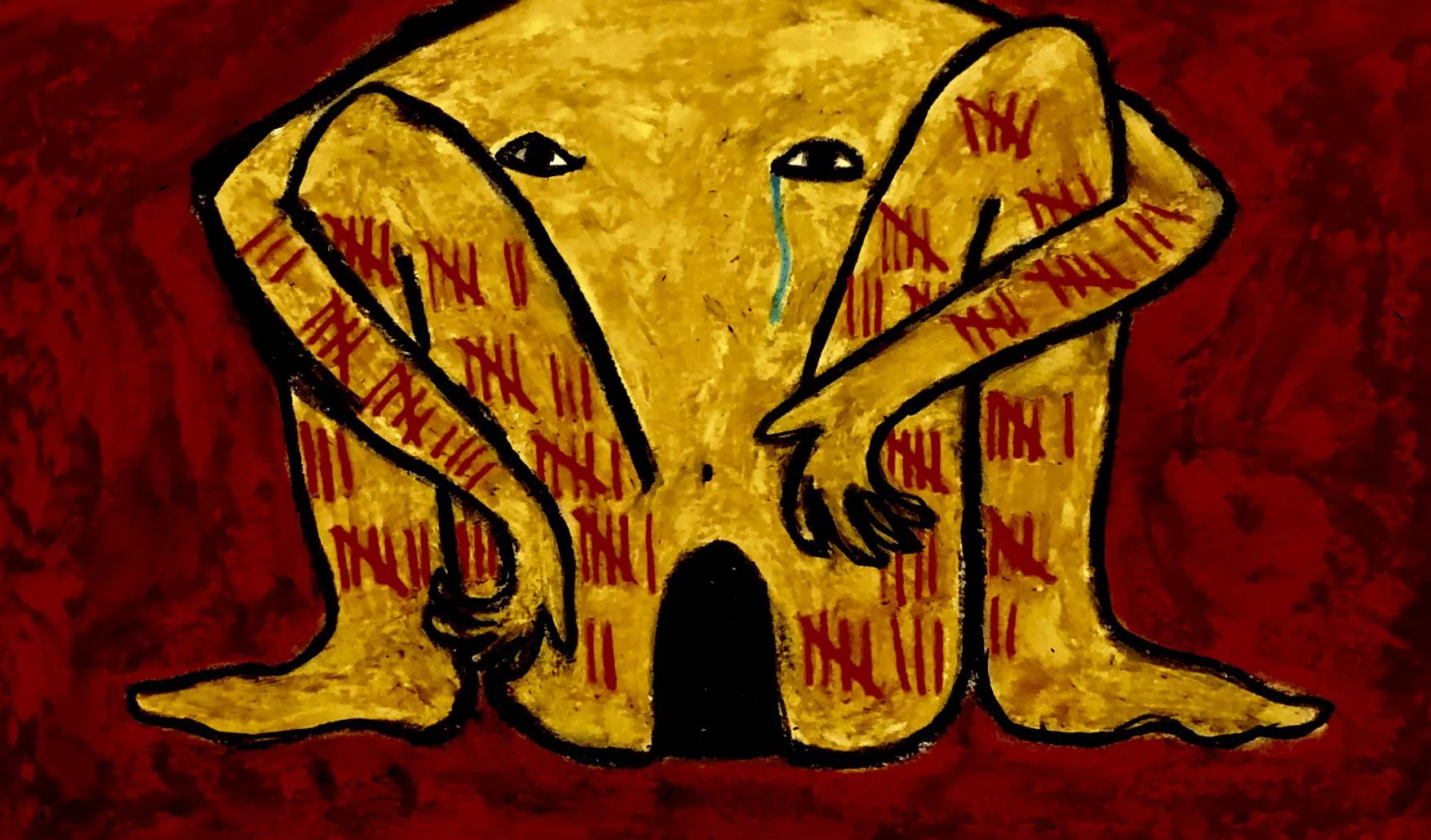 the image is a painting of a stylized human figure, appearing hunched and distressed. the figure's skin is a yellowishgold, and its arms and legs are covered in numerous red tally marks.  the figure's face shows signs of sadness, with a single tear. the overall color palette is dark, with a deep red background. the style is abstract and expressive, with a somewhat rough and textured surface. the figure's posture and the tally marks suggest themes of imprisonment, suffering, and the passage of time. the dark, shadowed area between the legs adds to the feeling of confinement and despair.