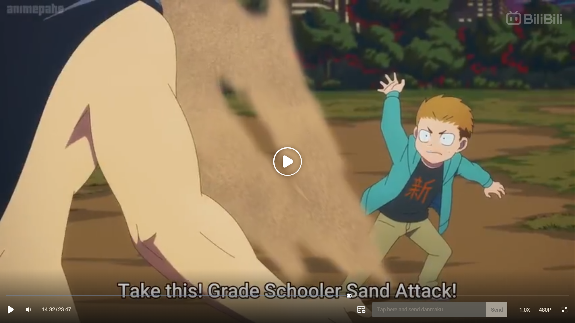 a screenshot of an anime with two characters, one boy throwing sand at a much larger person, with text reading "take this! grade schooler sand attack!"```