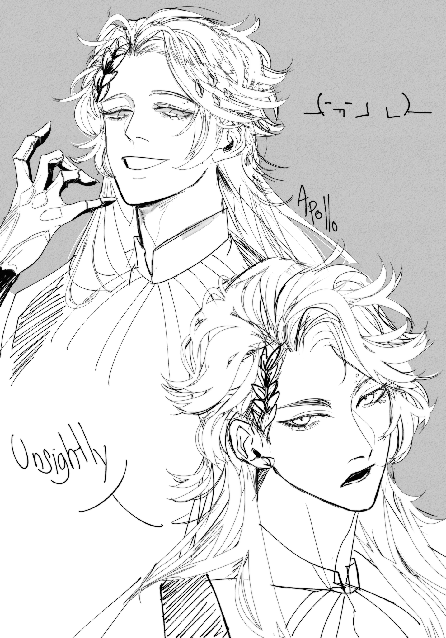 this is a black and white sketch of two anime men. they have long white hair and are drawn with a very expressive and detailed style. they are both wearing formal attire and jewelry. one of the men is labelled as "apollo" and the other "unsightly".  they appear to be glancing at each other with a sense of curiosity. the style of the artwork suggests that they are both gods from greek mythology.